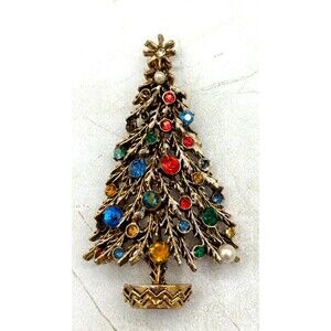 Vintage ART Arthur Pepper Brooch Pin Christmas Tree Gold/Brass Tone Signed‎